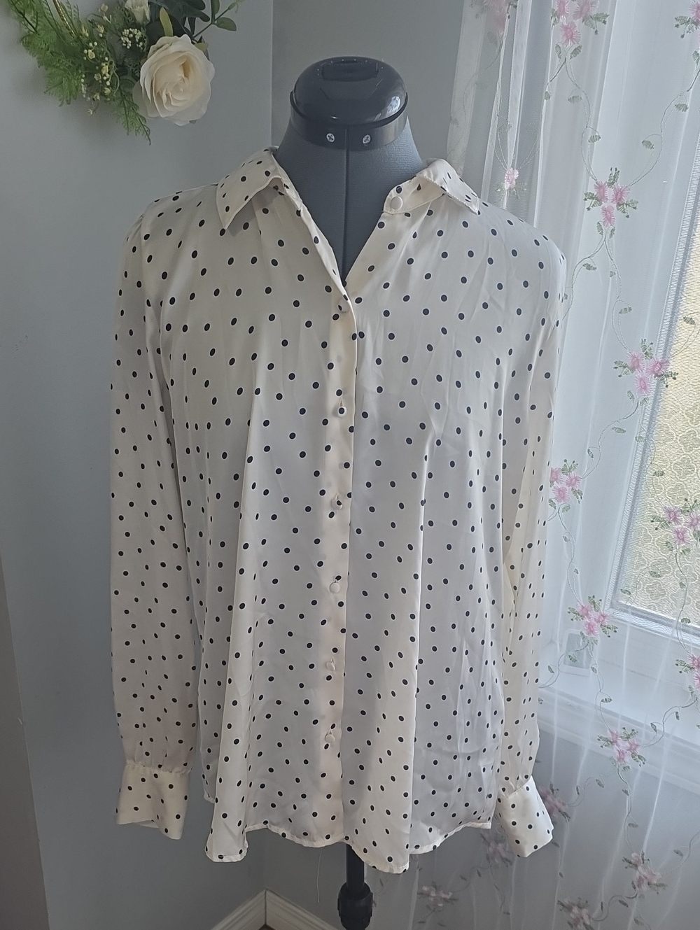 Cream Polka Dot Button-Down Blouse